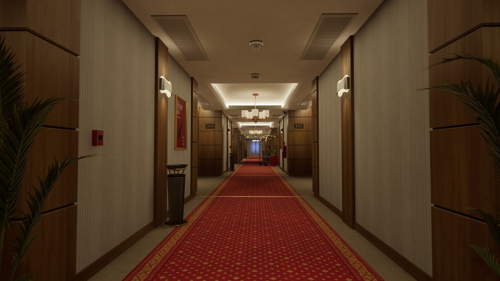 Official screenshot — a hotel hallway