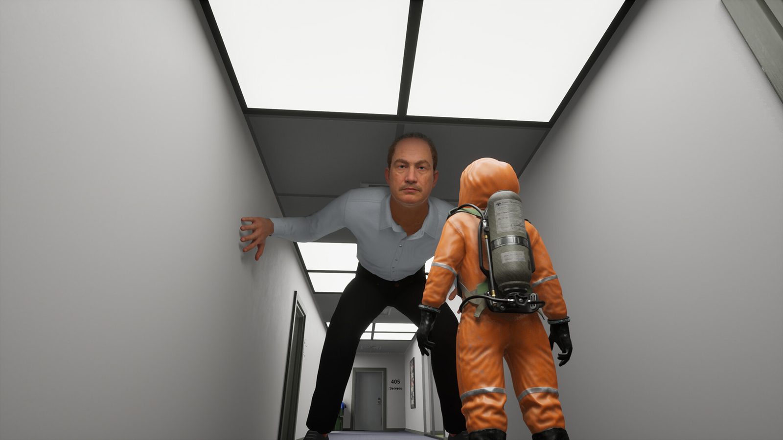 Official screenshot — the hallway by room 405